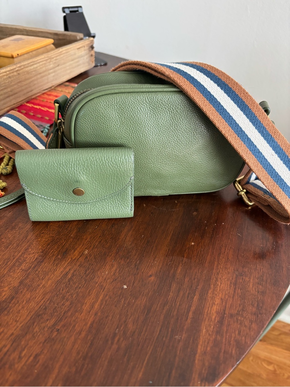 Fossil Green Leather “Camera” Crossbody Bag with Striped Strap & Small Wallet